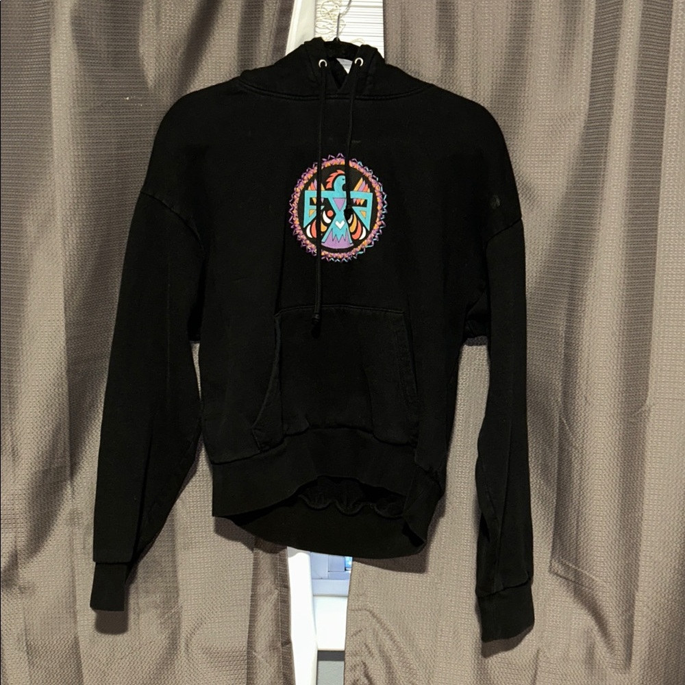 Upcycled Black Hoodie with Native American Graphic